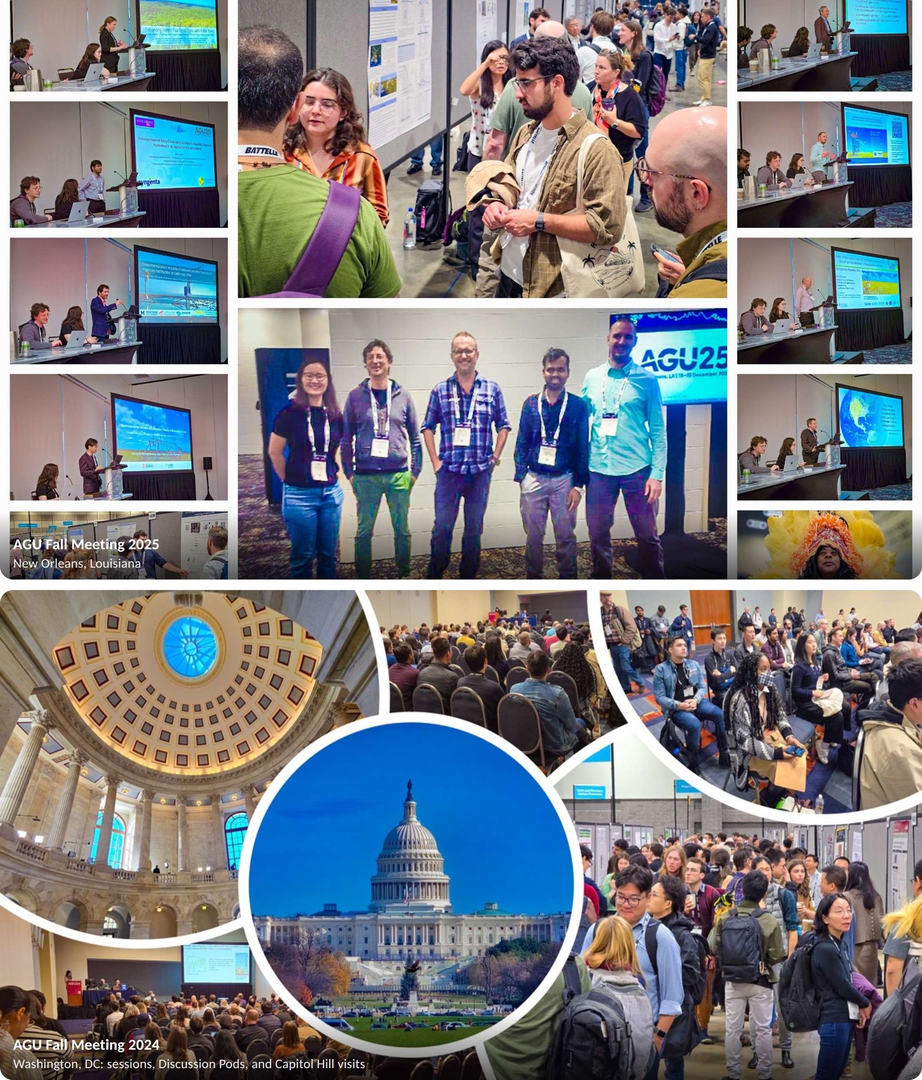 Photo collage. AGU Fall Meeting 2025, New Orleans, Louisiana. AGU Fall Meeting 2024, Washington, DC: sessions, Discussion Pods, and Capitol Hill visits.