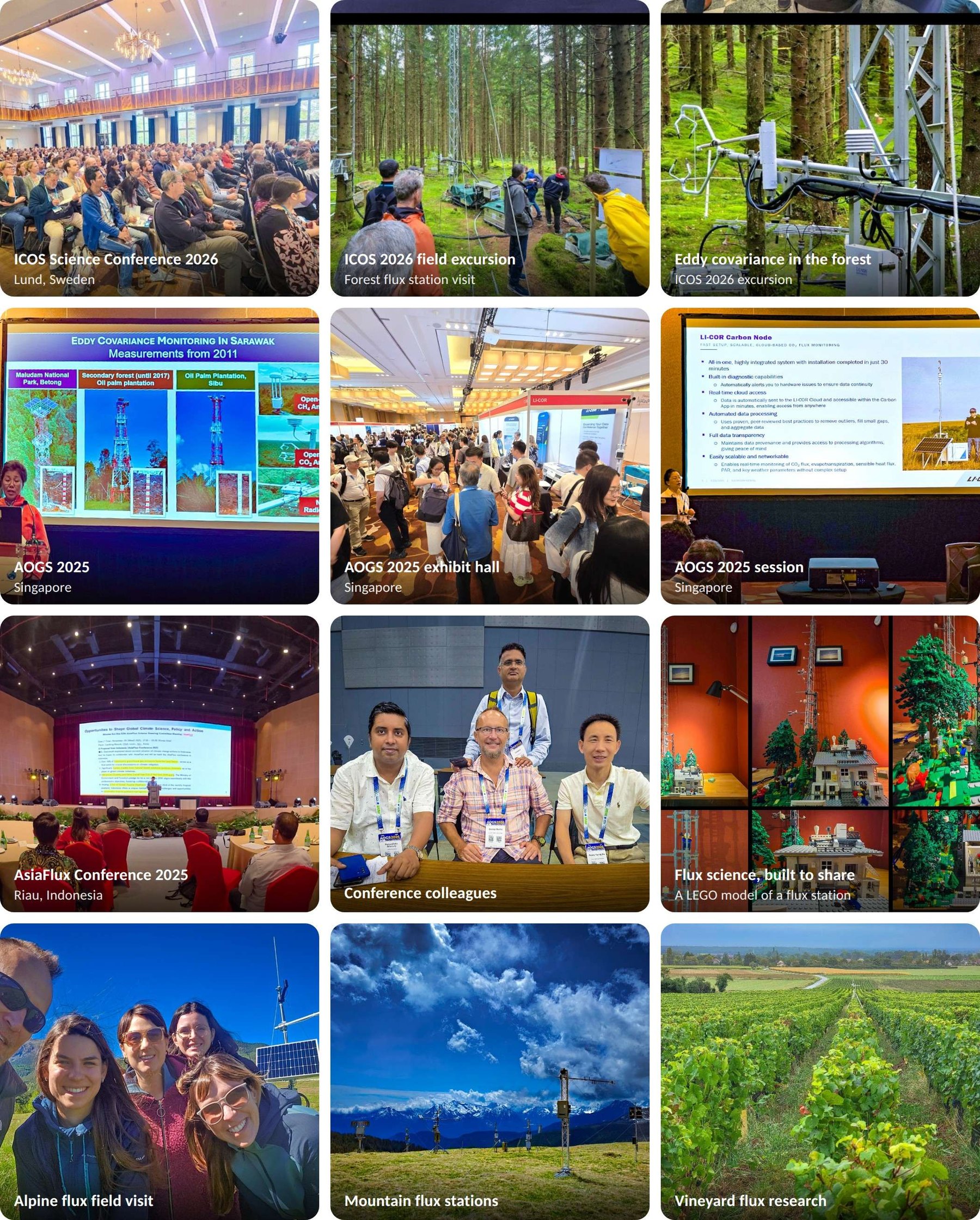 Photo collage. ICOS Science Conference 2026, Lund, Sweden. ICOS 2026 field excursion, forest flux station visit. Eddy covariance in the forest, ICOS 2026 excursion. AOGS 2025, Singapore. AOGS 2025 exhibit hall, Singapore. AOGS 2025 session, Singapore. AsiaFlux Conference 2025, Riau, Indonesia. Conference colleagues. Flux science, built to share: a LEGO model of a flux station. Alpine flux field visit. Mountain flux stations. Vineyard flux research.